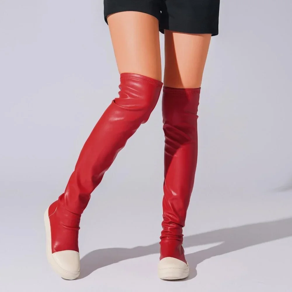 Women Red Polyurethane (PU) Flat Over The Knee Round Toe Thigh High Boots